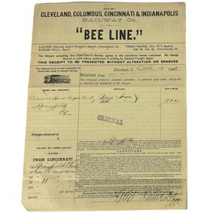 Vintage Cleveland, Columbus, Cincinnati & Indianapolis Railway Co. Receipt 1885